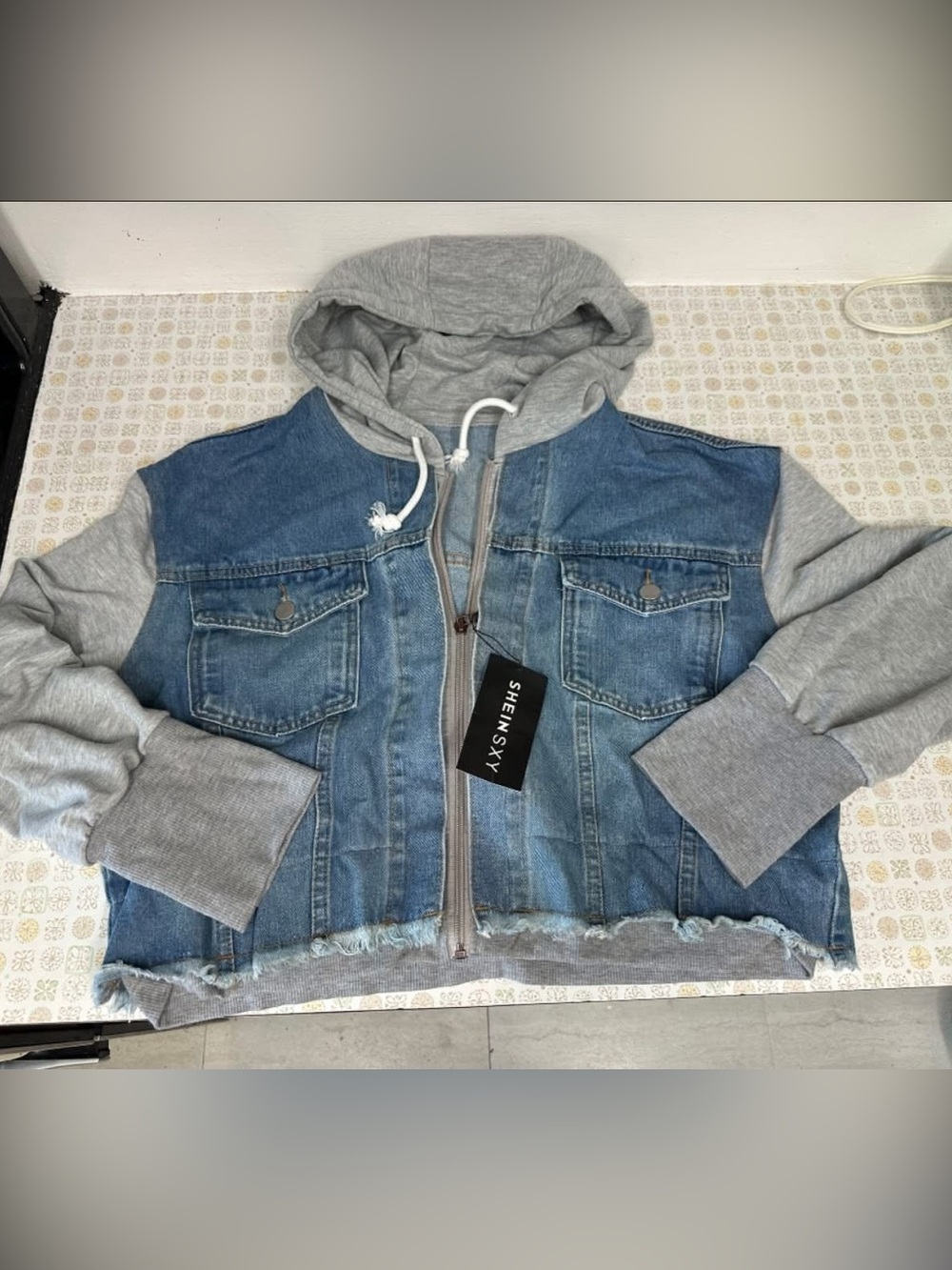 SHEIN Blue Denim Jacket with Gray Hoodie and Sleeves